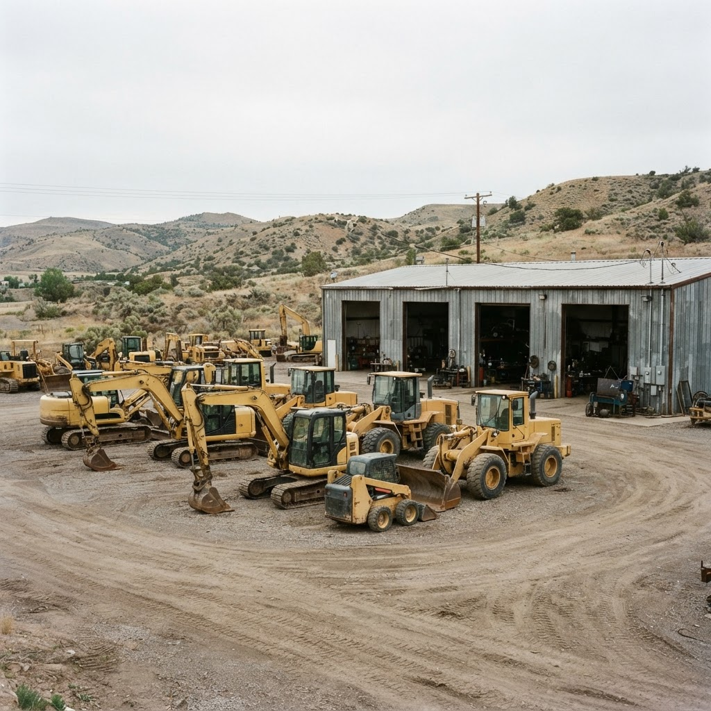 Tracked excavators and wheel loaders parked on the dirt yard at Ironhollow Plant Co.